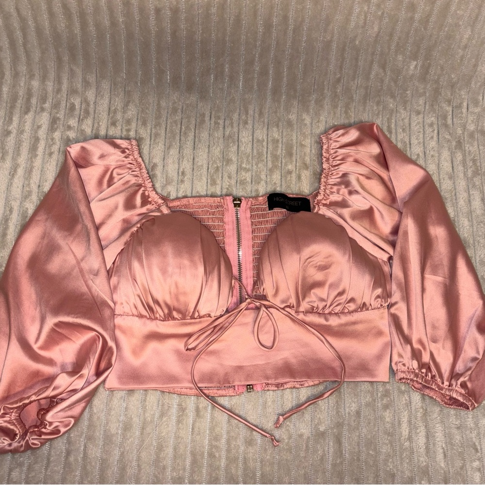 Elegant Blush Pink Satin Puff Sleeve Corset Crop Top | XSmall